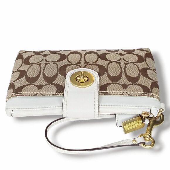 Coach Wristlet Signature Canvas Logo Brass Turnlock Beige Brown White Leather - Picture 4 of 10